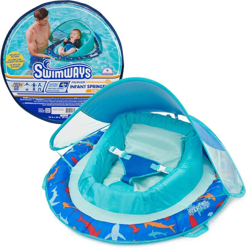 SwimWays Infant Spring Float, Baby Pool Float with Canopy & UPF Protection, Swimming Pool Accessories for Kids 3-9 Months, Shark - Image 1